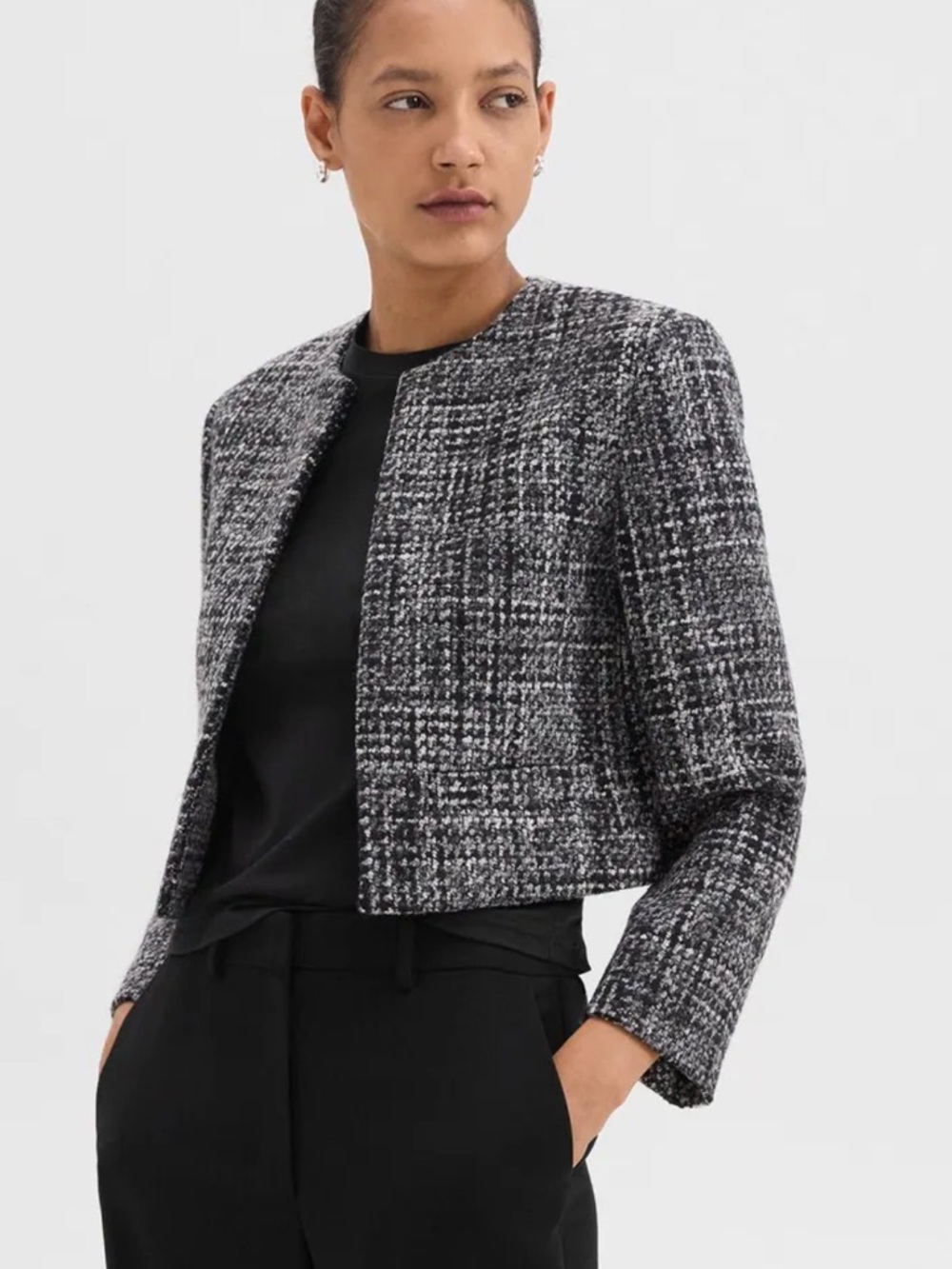 Theory Cropped Mélange Tweed Jacket - Black & Gray